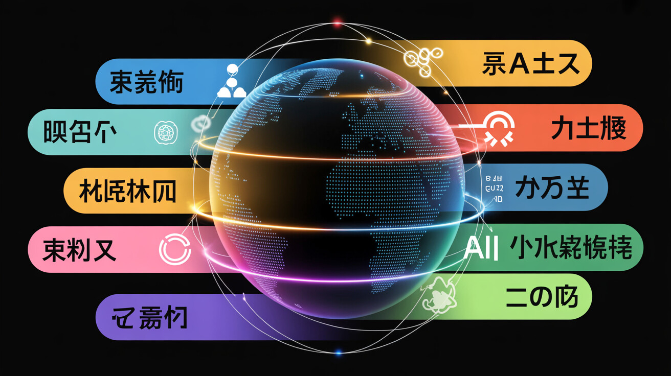 Global AI translation connecting multiple languages across continents with vibrant multicultural colors